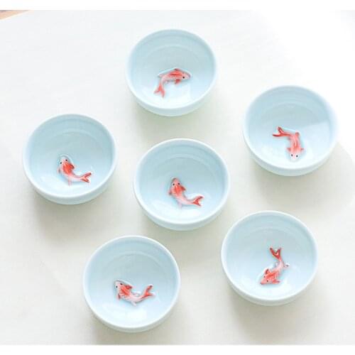 6pcs Kung Fu Tea Cup Set Celadon 3D Golden Fish China tea cups,Crackle Glaze Travel Tea Bowl Chinese Porcelain Teacup Set