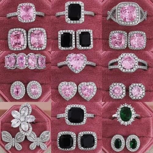 2pcs Per Pack Pink Black Green 925 Sterling Silver Jewelry Set For Wedding Women Engagement Ring Stud Earring For Party Gift Z10