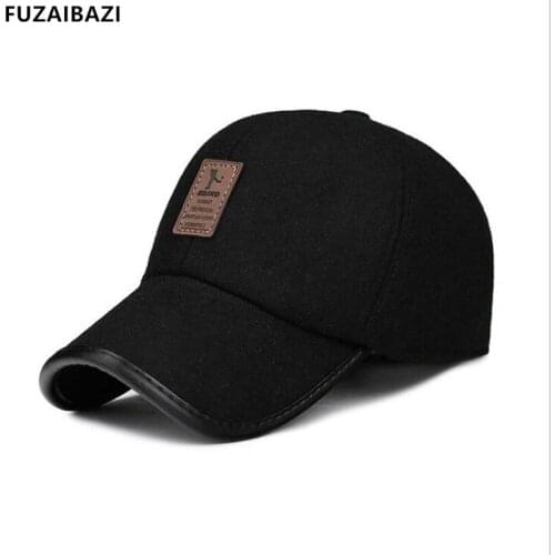 FUZAIBAZI New Winter Mens Middle Aged Leisure Earmuff Baseball Cap Fashion Woolen Adjustable Size Winter Hat Elderly Hats