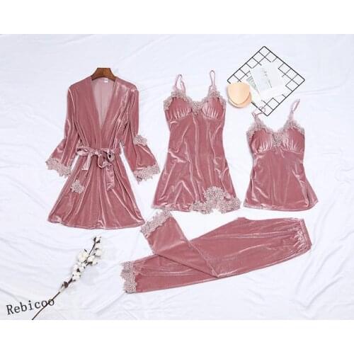 4PCS Sleepwear Sleep Set Womens Velour Nightwear Spring Robe V-Neck Lace Pijamas Softy Gown Sleepshirt Pajamas Suit Negligee