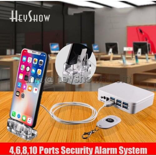 4 6 8 10 Ports Mobile Phone Security Display Stand Tablet Burglar Alarm System Cellphone Anti Theft Alarm Box With Acylic Base