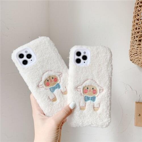 Plush Warm Case for iphone 12 mini 11 Pro Max Case Furry Fluffy Embroidery cute sheep cover for iphone 7 8 Plus X XSMAX XR coque