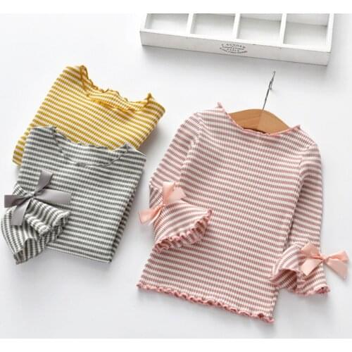 New Spring Autumn Girls Shirts Toddler Long Sleeve Lace Bow Tops t shirt Baby Girl Striped T shirts Children Clothes Kids Gifts