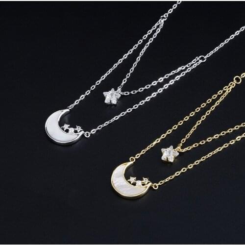 Hiyong 925 Silver Moon Necklace Crystal Star Pendant Necklaces Women Gold Color Beads Horn Crescent Choker Necklaces Jewelry New