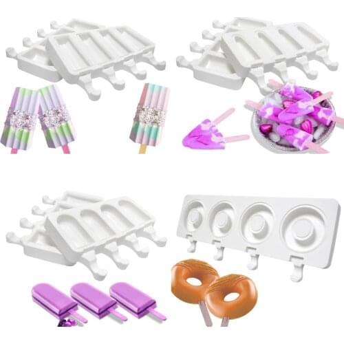 SHENHONG 4 Cavity Silicone Popsicle Mould Ice Cube Tray Donuts Ice Cream Molds Summer Freezer Juice Jelly Tools With 50 Sticks