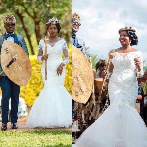 South African Wedding Dresses Mermaid Scoop Long Sleeves Tulle Appliques Lace Nigeria Vestido De Noiva Bridal Wedding Gown