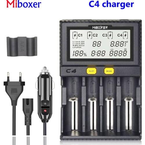 Miboxer C4 LCD Smart Battery Charger With Car for Li-ion/IMR/INR/ICR/LiFePO4 18650 14500 26650 100-800mah discharger