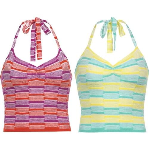 Ladies Summer Sexy Backless Camisole, Creative Color Matching Hanging Neck Lace Up V-neck Sleeveless Base Shirt Knitted Tops