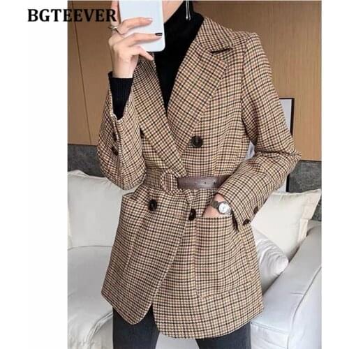 BGTEEVER Vintage Double Breasted Women Houndstooth Plaid Suit Blazer 2021 Spring Full Sleeve Sashes Belted Female Blazer Outwear