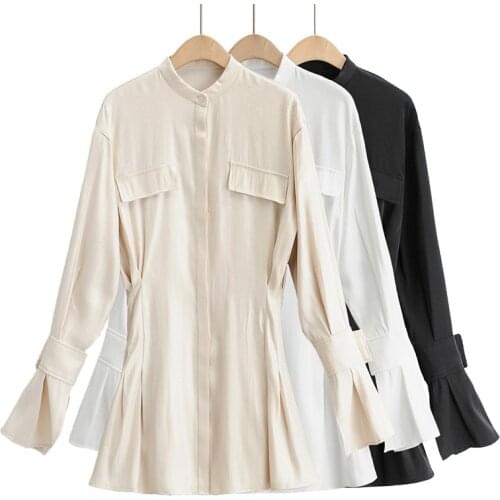 Women Dresses Summer 2021 Vintage Stand Collar Flare Sleeve Single-breasted Slim A-line Mini Shirt-dress