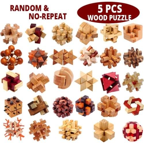 5Pcs 3D Wooden Puzzle Locked Toys Game Cube Brain Teasers Educational Toy for Kids Adults Building Kit Block Model