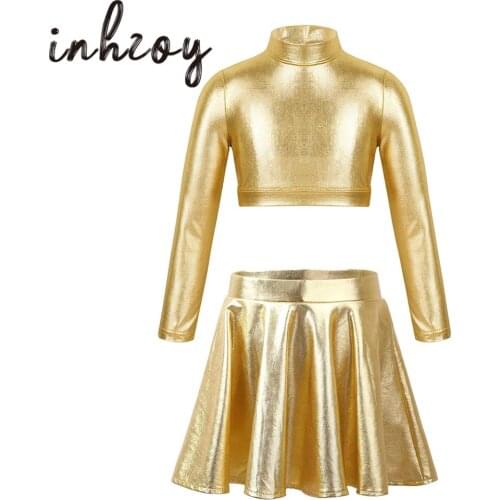 Ballet Dance Clothes For Girls Kids Stage Performance Gymnastics Costume Set Glossy Metallic Crop Top With Flared Pleated Skirts