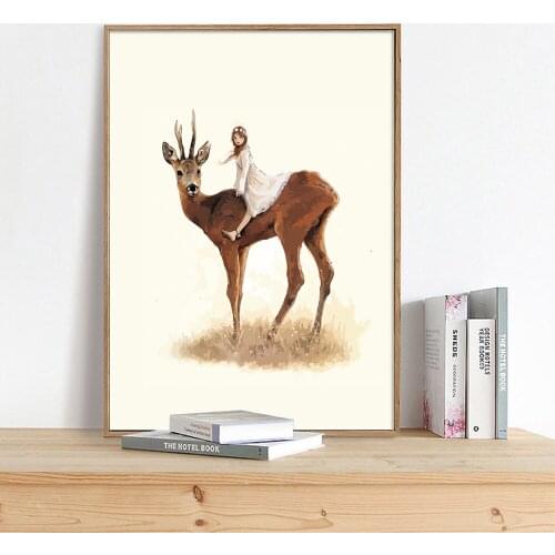 Girl On The Back Of Deer,Watercolor Canvas Print Painting Poster For Home Decoration,Frameless Simple Style Wall Picture,LZ530
