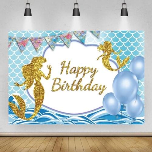 Golden Shadow Mermaid Princess Background Photography Girl Birthday Blue Sea Fish Scale Pattern Photo Backdrops For Cake Table