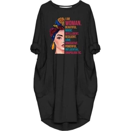 100% Cotton New Fashion Pocket I Am Women Beautiful Letters Print Dress For Women Dresses Female Plus Size Tumblr Cropped Punk
