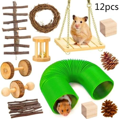 10 12PCS Natural Wooden Hamster Toy Rabbit Gerbil Guinea Pig Hamster Chew Toy Small Animal Pet Molar Toy Chew Toy Set