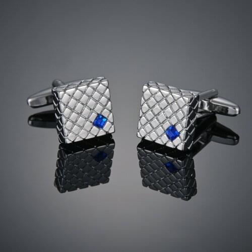 Business Classic Square Silvery Copper Mens Cufflinks Blue Crystal Grid Luxury Gift Party Wedding Suit Shirt French Cufflink