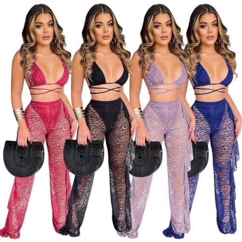Summer Fashion Lace Hollow Out See Through 2pcs Bikini Set V Neck Halter Bandage Bra+Ruffle Long Wide Leg Trousers Beach Wear