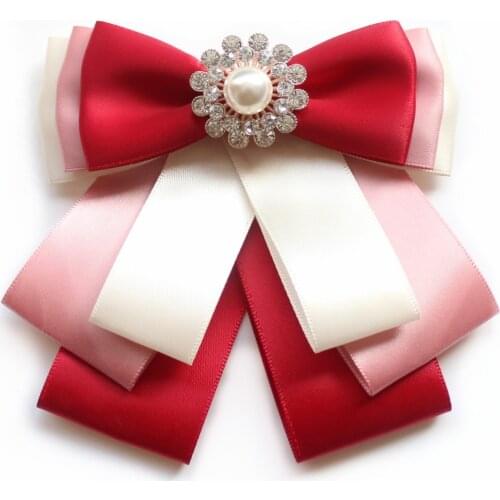 Korean Ribbon Bowknot Brooch Rhinestone Pearl Bow Tie Necktie Pins Shirt Dress Collar Fashion Brooches for Women Accessories