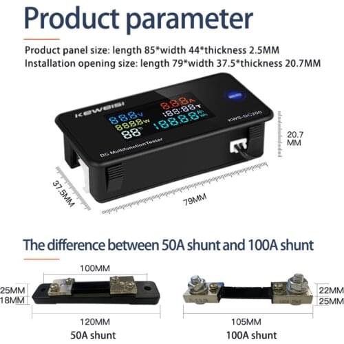 KWS-DC200 Digital Voltmeter 0-200V Voltage Seven Functions Power Energy Meter LED Color Display Wattmeter 0-10/50/100A