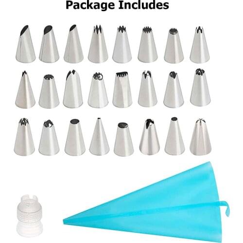 26Pcs/Set Reusable Silicone Pastry Bags DIY Icing Piping Cream Pastry Bag with 24Pcs Nozzle Tip Baking Cup Cake Decorating Tools