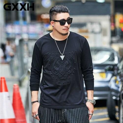 GXXH New Autumn T-shirt Large Mens Fashion Loose Tiger Embossed Fat Guy Oversized Streetwear Tshirt Long Sleeve Top Tees Black