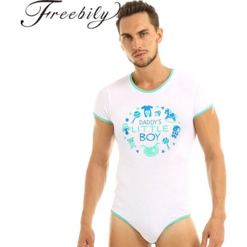 Men Adult Letter Print Bodysuit Round Neck Short Sleeves Men Underwear One-piece Lingerie Crotch Front Sissy Gay Male Bodysuit