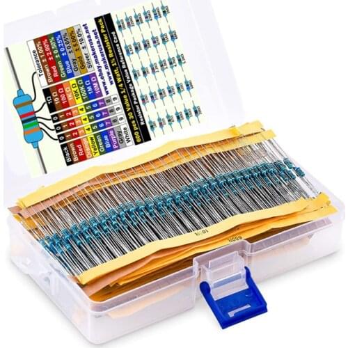 600pcs/lot 1/4W Metal Film Resistor Kit 1% Assorted 0.25W 10-1M Values Ohm Pack Electrical Assortment Resistors