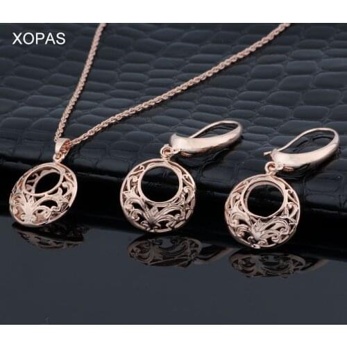 XOPAS Earrings set For Women 585 Rose Gold Color Double Layers Carved Oval Shaped Hollow Womens Jewelry Set