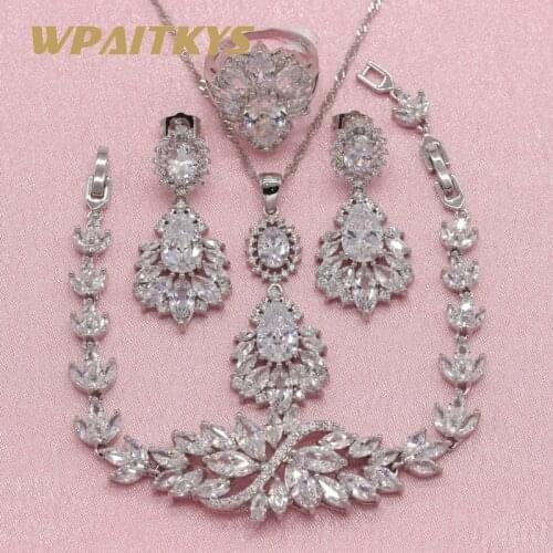 4 Colors White Red Blue Green Crystal Silver Color Jewelry Sets Earring For Women Pendant Necklace Ring Bracelet Free Gift Box