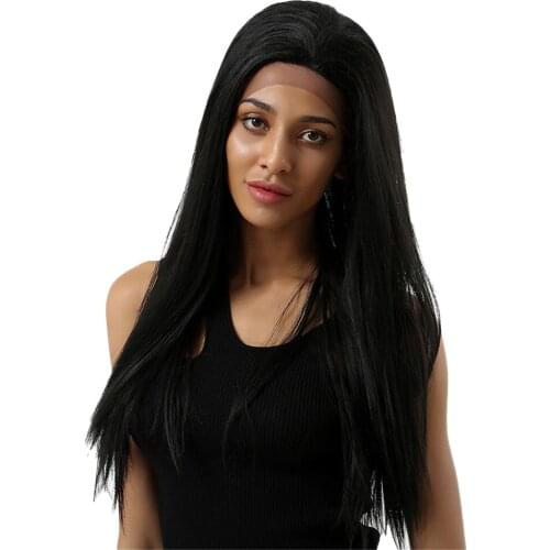 Natural Black Long Straight Wig Women Synthetic Middle Part Lace Front WigS
