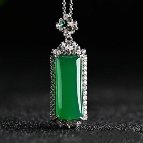 Natural Green Chalcedony Hand Carved Ping'an Brand Pendant Jewelry Mens and Womens Green Agate 925 Silver Inlaid Necklace