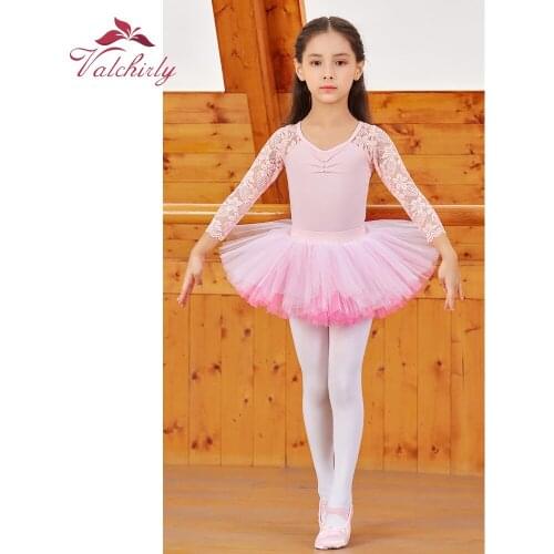 New Pink Ballerina Costume Kids Dance Leotard Tutu Dress Long Sleeves Flower Lace Dancewear for Girls