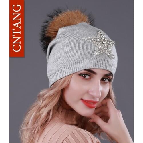 CNTANG Autumn Knitted Wool Hats For Women Winter Warm Caps With Star Rhinestones Natural Raccoon Fur Pompom Hat Female Beanies