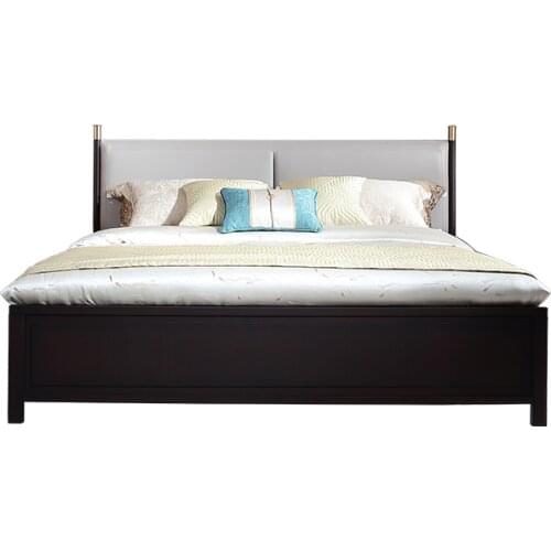 Light luxury new Chinese solid wood king bed master bedroom modern Chinese leather double bed wedding bed Zen furniture