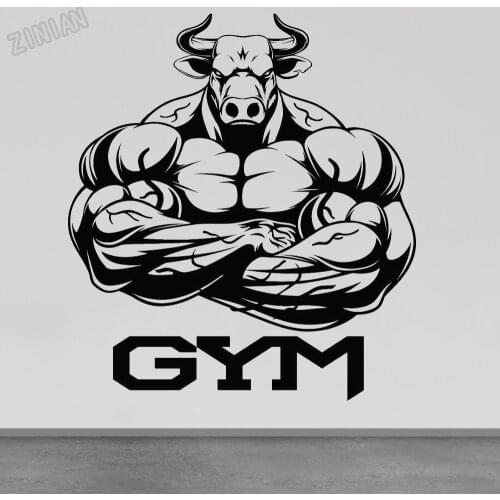 Gym Logo Vinyl Wall Decal Bull Muscles Bodybuilder Wall Stickers For Exercise Room Home Decoration For Living Room Art Y165