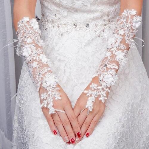 Women Fingerless Bridal Gloves Long Paragraph Rhinestone White Lace Glove Elbow Length Flower Wedding Gloves For Bride