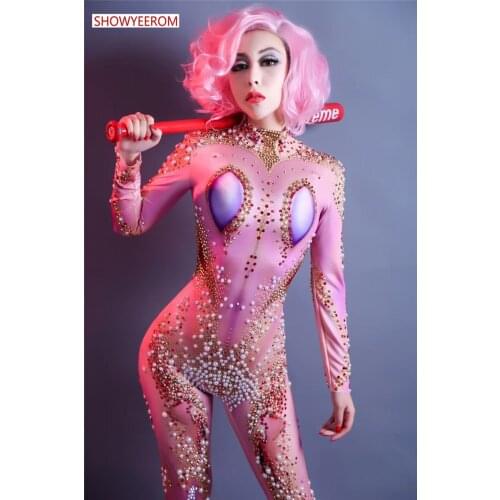 Multi-color Rhinestones Long Sleeves Spandex Jumpsuit Female Singer Dance Stage Wear Womens Birthday Bodysuit Bar Clothes