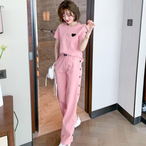 Awarose Summer Women Wide Leg Pant Two Piece Suit Short Sleeved Love Sequined T-shirt Women Clothes Set Casual High Waist Pant