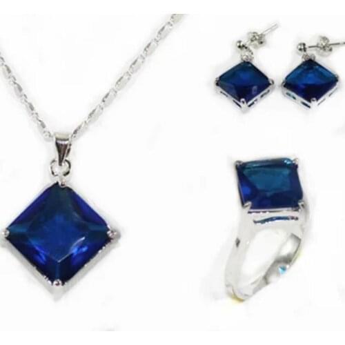 Womens Fashion Square dark blue zircon Faceted Pendant Earring Ring Set