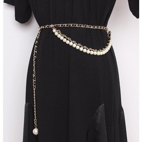 2020 Luxury Gold Metal Chain PU Belt Women White Pearl Statement Waist Chain Belt for Spring Dress Coat Shirt Female Cestus Belt