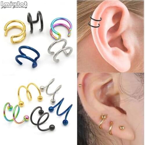 2pcs/lot Blue/Black/Gold Clip On Wrap Earring Tragus Stainless Steel 2 Rings Ear Cuff Clip Earrings Fake Piercing Body Jewelry