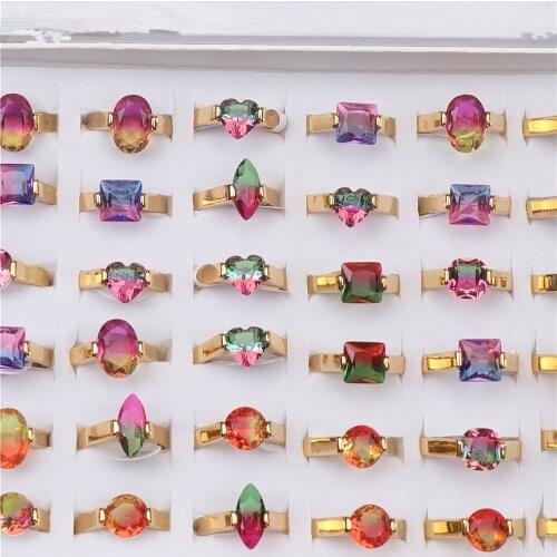 20pcs/lot Fashion Stainless Steel Colorful Zircon Gold Color Love Rings For Women Mix Style Wedding Jewelry Party Gift Wholesale