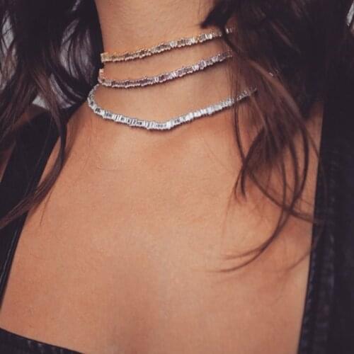 2018 Luxury wedding engagement gift baguette cubic zirconia 32+8cm elegant bridal gift choker chocker CZ short necklace