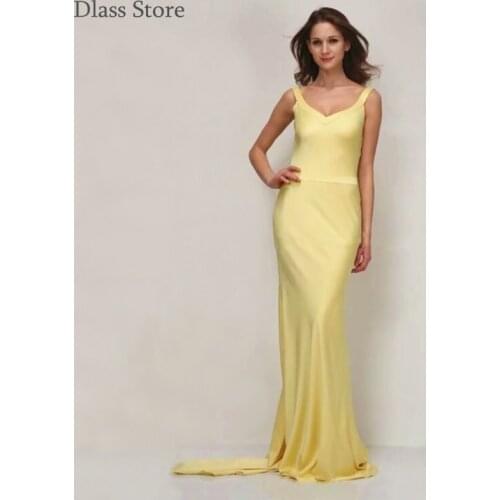 2021 New Simple Prom Dress Star Formal Sexy Backless Satin Gold Mermaid Sweep Train Evning Gown V-neck robe de soirée de mariage