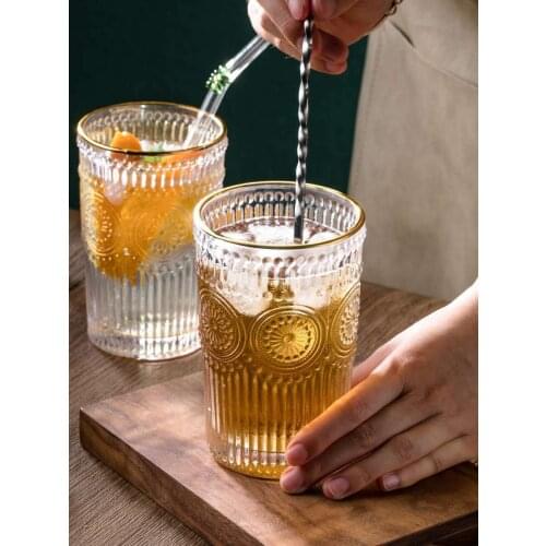 2021New Vintage Embossed Phnom Penh Glass Round Sunflower Water Cup Cold Drink Cup Milk Tea Shop Juice Cup