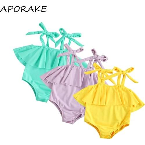 2021 0-5Y Kid Baby Girl Swimwear Tankini Summer Holiday Solid Ruffle Bandage Off Shoulder Sleeveless One Piece Beach Swimsuit