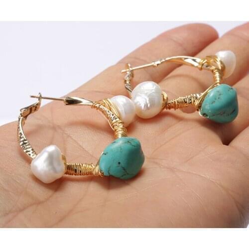 Natural mint blue onyx stone white freshwater pearl bead charm wire wrapped gold big hoop earring for woman dainty daily jewelry