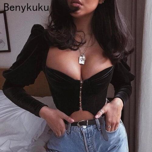 Deep V Neck Black Flannel Crop Top Women Elegant Bubble Long Sleeve Skinny Bodycon Bandage Tees Tank Tops Sexy Corset Clubwear