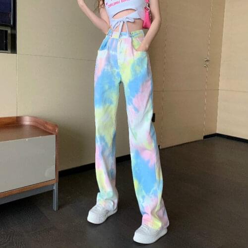 Color blooming wide-leg jeans womens summer high waist adjustable pair of heavy industry floor pants straight slacks